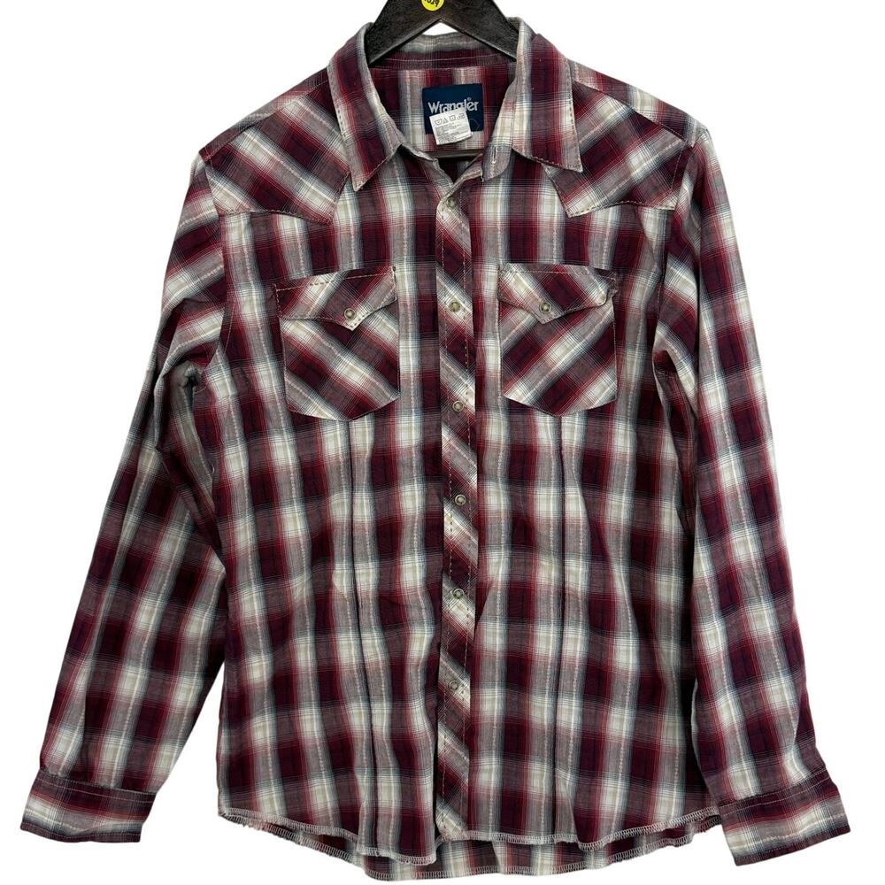 Wrangler Pearl Snap Western Shirt Boys XXL 18-20 Maroon White Plaid Rodeo
